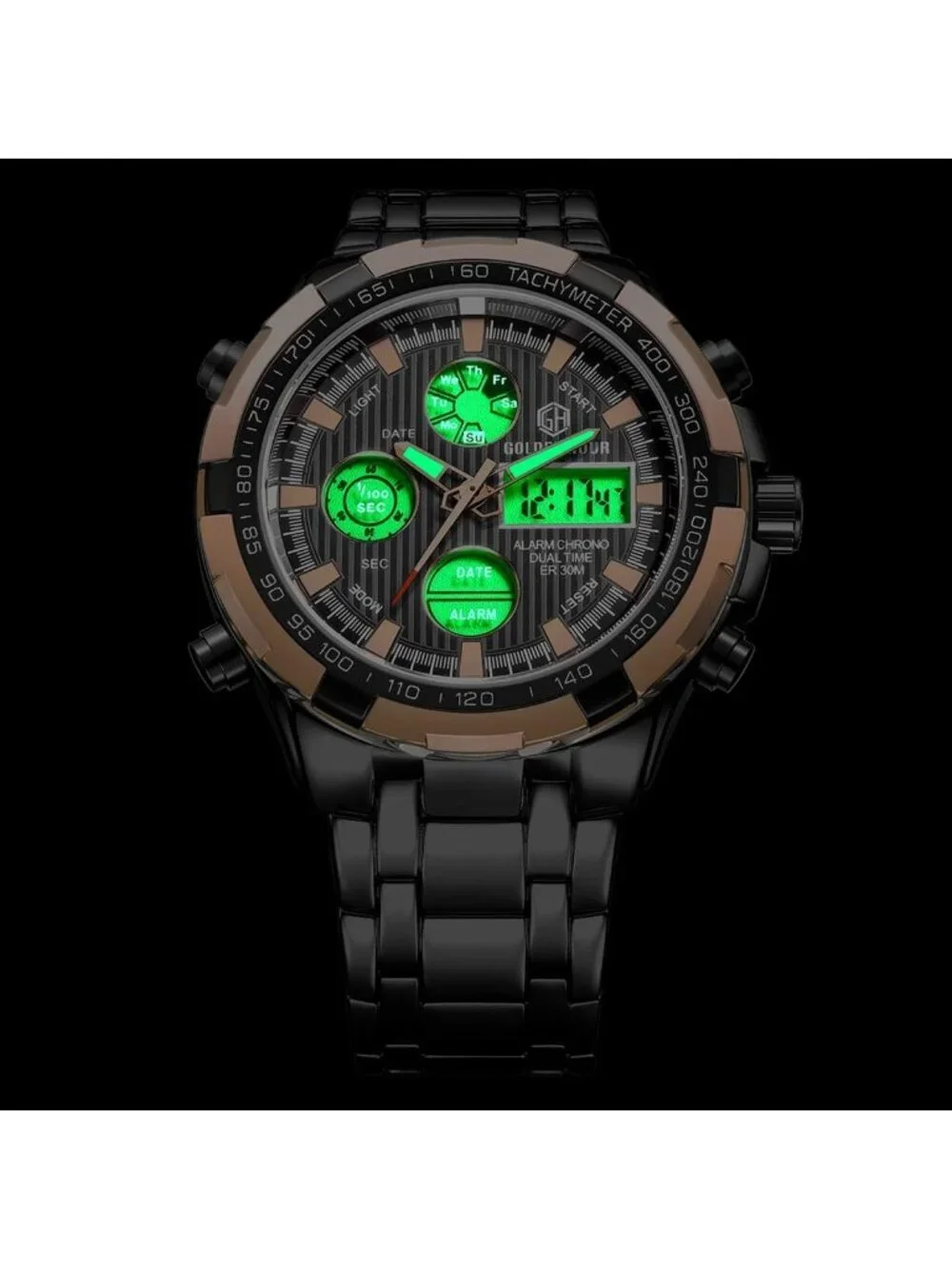 Men's Rose Gold Black Stainless Analog Digital Outdoor Waterproof Luxury Watch